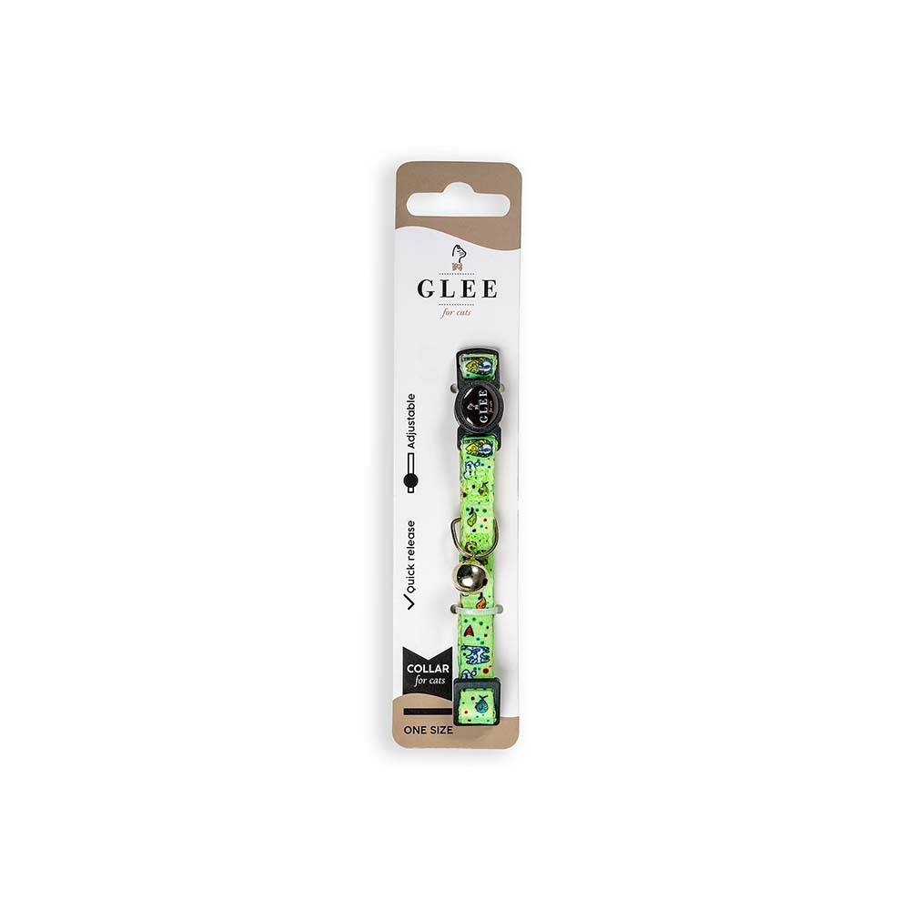 GLEE COLLARS WITH WEBBING TAPE, PLASTIC CLASP AND BELL, GREEN FISH 10mm x 30cm