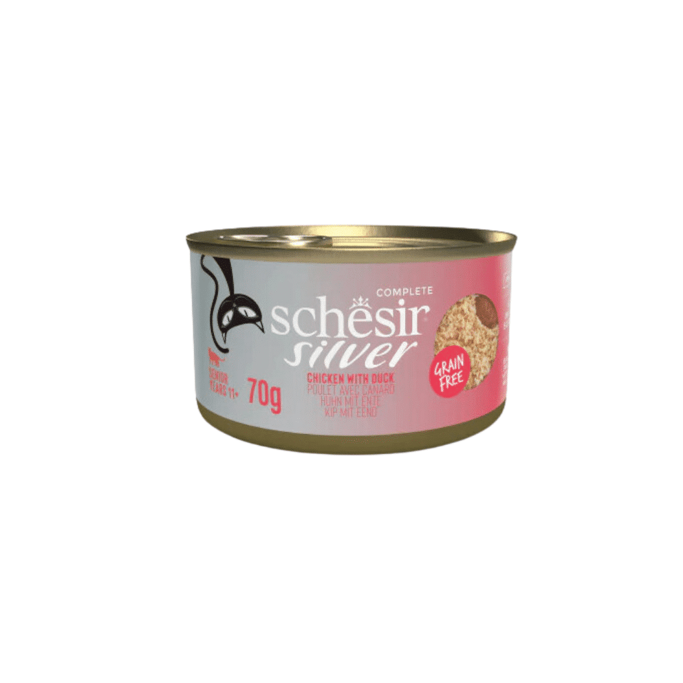 SCHESIR SILVER SENIOR CAT, CHICKEN WITH DUCK MOUSSE E FILLETS 70G IN CAN
