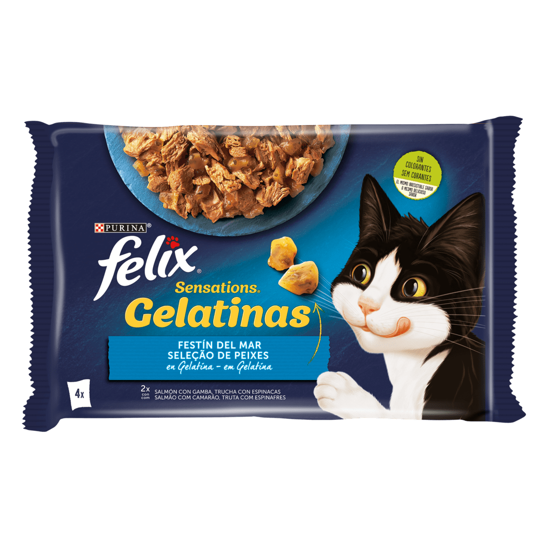 FELIX POUCHES SENSATIONS, SALMON WITH PRAWN,TROUT WITH SPINACH 4X85GR