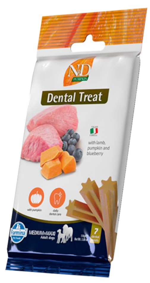 Farmina N&D Pumpkin Medium & Maxi Adult Dog Treat with lamb, pumpkin and blueberry 60g / 7 dental treats