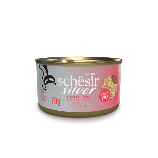 EN-FR-DE-NL_21100103_MAIN_720x.webp SCHESIR SILVER SENIOR CAT, CHICKEN WITH DUCK MOUSSE E FILLETS 70G IN CAN - Image 1
