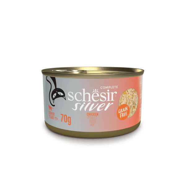 EN-FR-DE-NL_21113003_MAIN_720x.webp SCHESIR SILVER SENIOR CAT, CHICKEN IN BROTH 70G IN CAN - Image 1