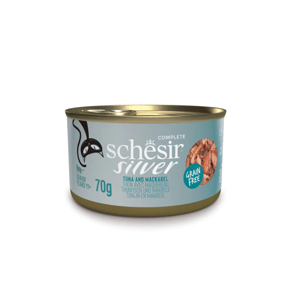 SCHESIR SILVER SENIOR CAT, TUNA AND MACKEREL IN BROTH 70G IN CAN