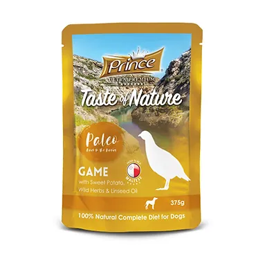 Prince375gwetfoodpouches_game.webp Prince Pouch Game with Sweet Potato, Wild Herbs & Linseed Oil - Image 1