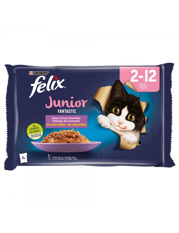 FELIX POUCHES FANTASTIC JUNIOR 2-12 MONTHS IN JELLY ( CHICKEN, TUNA, SALMON, BEEF) 4X85GR