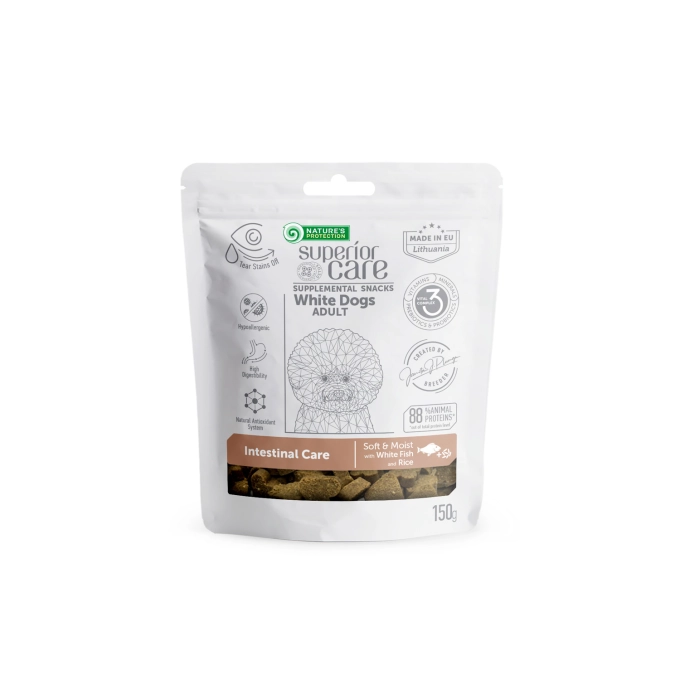 NATURE'S PROTECTION Scomplementary feed - snacks for intestinal care with white fish and rice for adult all breed dogs with white coat 150G