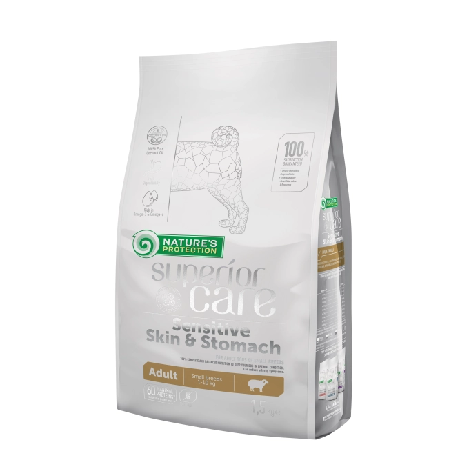 NATURE’S PROTECTION SUPERIOR CARE dry food for adult dogs of small breeds with sensitive skin and stomach, with lamb