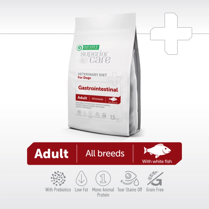NATURE’S PROTECTION SUPERIOR CARE dry dietetic pet food with white fish for adult dogs of all breeds with digestive disorders